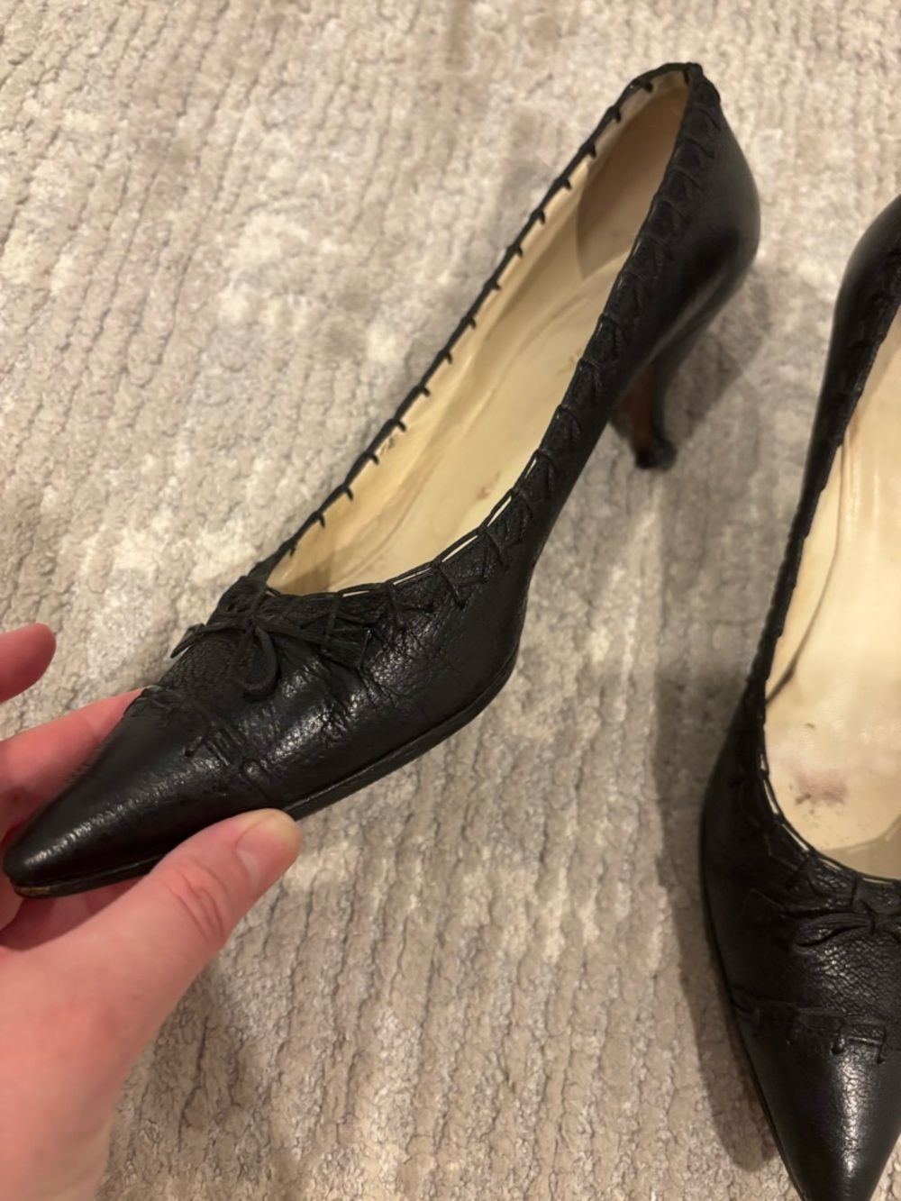 Prada Black Leather Kitten Heels Bow Pointed Toe Pumps EU 38.5